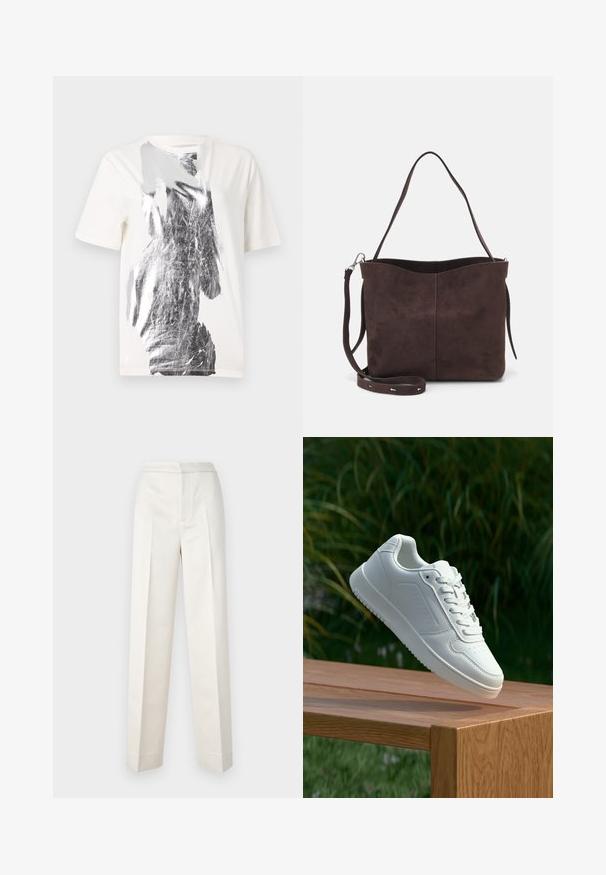 Fehér pamut póló, amelyen elöl egy absztrakt ezüst grafika található, kerek nyakkivágással és rövid ujjal. Sima textúra.; Krémszínű nadrág, szabott fazonnal, egyenes szárakkal, sima anyagból, elöl pliszírozott és letisztult szegéllyel. Minimális dizájn.; Fehér sportcipő sima szintetikus felsőrésszel, perforált lábujjrész, lapos fűzőkkel és texturált talppal, fából készült felületen kihelyezve.; Barna velúrbőr táska puha tapintással, egyetlen vállpánttal és finoman ívelt felső nyitással. Nincs látható fémrész.