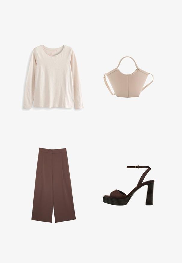 Next STANDARD - Top s dlouhým rukávem - oatmeal; Hnědé široké kalhoty s hladkou texturou, vysokým pasem a předními záhyby. Materiál je lehký a volně splývá.; Hnědé semišové sandály na vysokém podpatku s otevřenou špičkou, nastavitelným páskem kolem kotníku a proužkovou platformou.; Beige kožená kabelka s jedinečným tvarem, vybavená dvěma krátkými uchy a dlouhým nastavitelným popruhem. Hladká textura s minimem kovových doplňků.