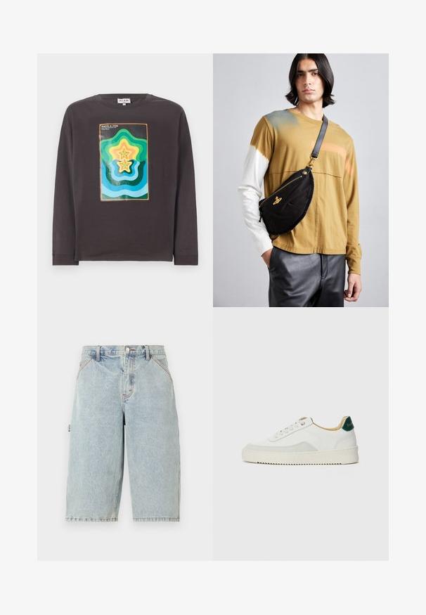 Mørk grå langermet t-skjorte med et fargerikt geometrisk design med bølger og stjerner i grønn, blå, gul og oransje.; Noon Goons RUNAWAY - Jeansshorts - washed blue; Hvit sneakers med semsket detaljer, rund tå, flate snøringer og en kremfarget gummisåle. Har grønn merking på hælen.; Vivienne Westwood CITY BUMBAG UNISEX - Rumpetaske - black