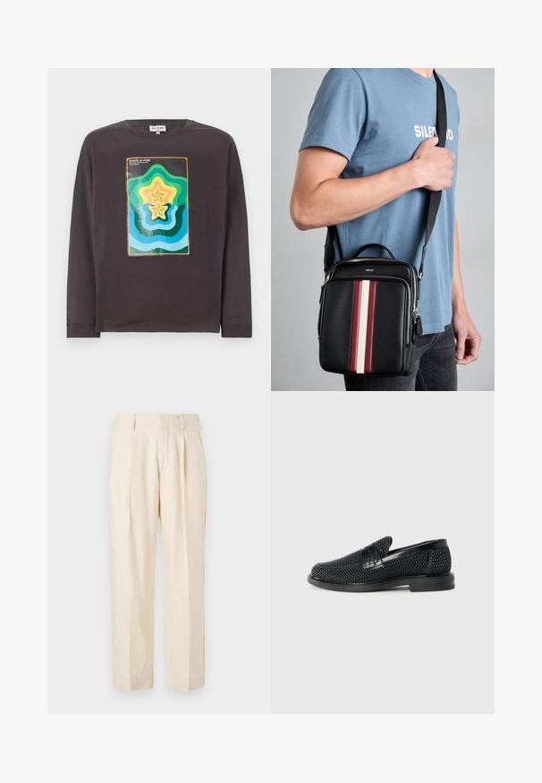 T-paita tummanharmaana, pitkähihaisena, jossa on värikäs geometrinen kuvio, jossa on aaltoja ja tähtiä vihreänä, sinisenä, keltaisena ja oranssina.; NN.07 KAY - Housut - off white; Musta kudottu liukupohjallinen kenka, jossa on sileä nahkakorostus päällisessä, pyöreä kärki ja matala kumipohja.; Musta nahkainen olkalaukku, jossa on punaiset, valkoiset ja beige vaaka-viivat. Varustettu yläkahvalla ja säädettävällä hihnalla. Vetoketjukiinnitys näkyvissä.