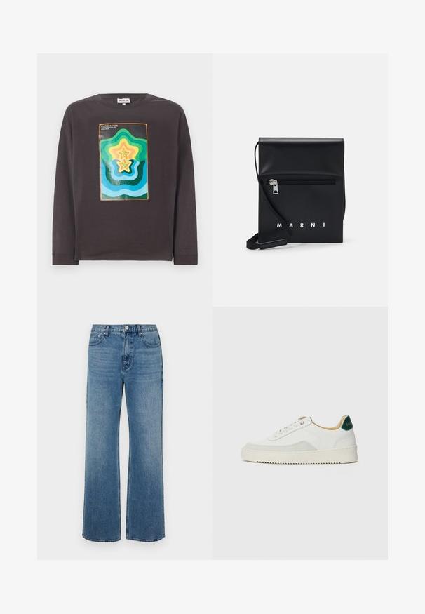 Donkergrijze lange mouw T-shirt met een kleurrijk geometrisch ontwerp met golven en sterren in groen, blauw, geel en oranje.; Brede blauwe jeans van denim met een verouderde afwerking. Heeft vijf zakken, een sluiting met vooraan knoop en een rechte snit.; Witte sneaker met suède accenten, ronde neus, platte veters en een crème rubberen zool. Bevat groene branding op de hiel.; Zwarte leren schoudertas met een ritsvak aan de voorkant, reliëflogo en verstelbare schouderband. Soepele textuur met een gestructureerde vorm.