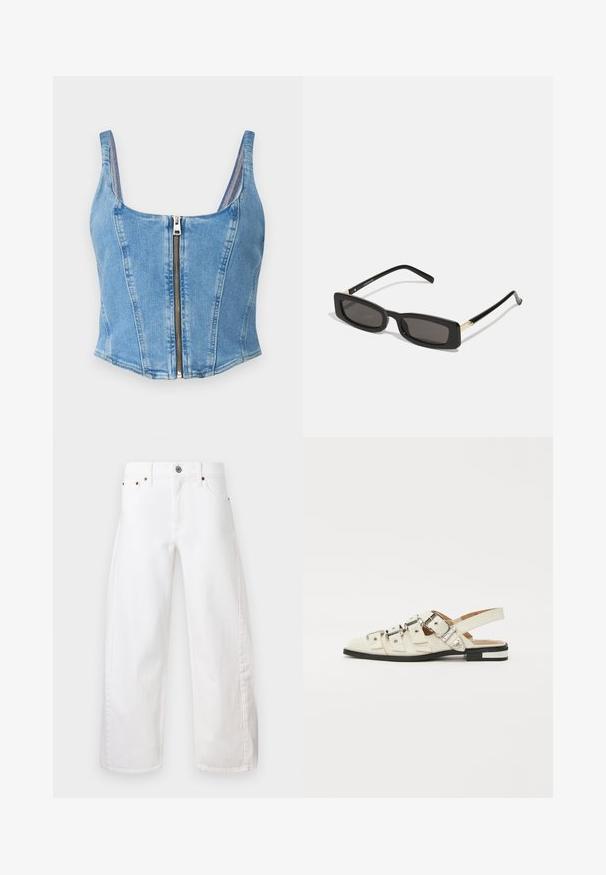Denim crop top vo svetlo modrej farbe s uterákovým výstrihom, štruktúrovanými švami a predným zipsom. Hladká textúra s priliehavým strihom.; Biele nohavice s širokými nohavicami vyrobené z bavlnenej denimu. Obsahujú zapínanie na gombík a zips, predné vrecká a jemné prešívanie pozdĺž švov.; Sandalové topánky so zapínaním vzadu z bielej kože s viacerými širokými popruhmi a striebornými prackami; plochá podrážka s malým čiernym podpätkom a metalickými akcentmi.; Čierne obdĺžnikové slnečné okuliare s tmavými šošovkami, lesklými plastovými rámami a zlatými akcentmi na spánkoch. Minimalistický dizajn a štíhly tvar.; Žltý tkaný clutch peňaženka s preklápacím dizajnom, odnímateľným zápästným remienkom a zlatým reťazovým doplnkom. Hladký povrch a obdĺžnikový tvar.; Zlaté kruhové náušnice s hladkým, lesklým povrchom. Cirkulárny dizajn s malým steblom a jasným záznamom pre bezpečné nosenie.