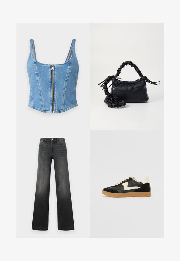 Denim crop top in light blue with a scoop neckline, structured seams, and a front zipper closure. Smooth texture with a fitted silhouette.; Black wide-leg jeans in faded denim, featuring front pockets, a button closure, and subtle stitching detail along the seams.; Black suede and leather sneaker with a cream side swoosh and light cream heel. Features beige laces and a gum rubber outsole.; Black faux leather handbag with a crocodile texture, cinched top, and a scrunched strap. Appears soft and compact in design.