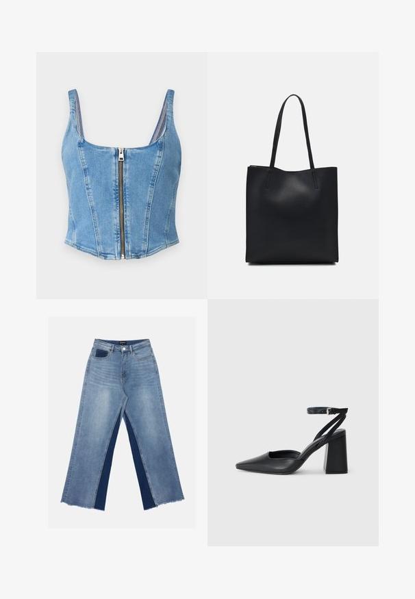 Világoskék farmer crop top, kerek nyakkivágással, formázott varrásokkal és elülső cipzáras záródással. Simább textúra, karcsú sziluettel.; Világoskék, bőszárú farmernadrág, kontrasztos sötétkék panelekkel, szálkás szegélyekkel, valamint normál derekú, fém gombos záródással.; Fekete bőr, hegyes orrú magassarkú cipő boka pánttal és vastag sarokkal. Sima textúra, elegáns dizájn és minimális esztétika.; Fekete bőrtáska sima felszínnel, téglalap alakú, két hosszú füllel. Nincs látható fémkiegészítő vagy díszítés.