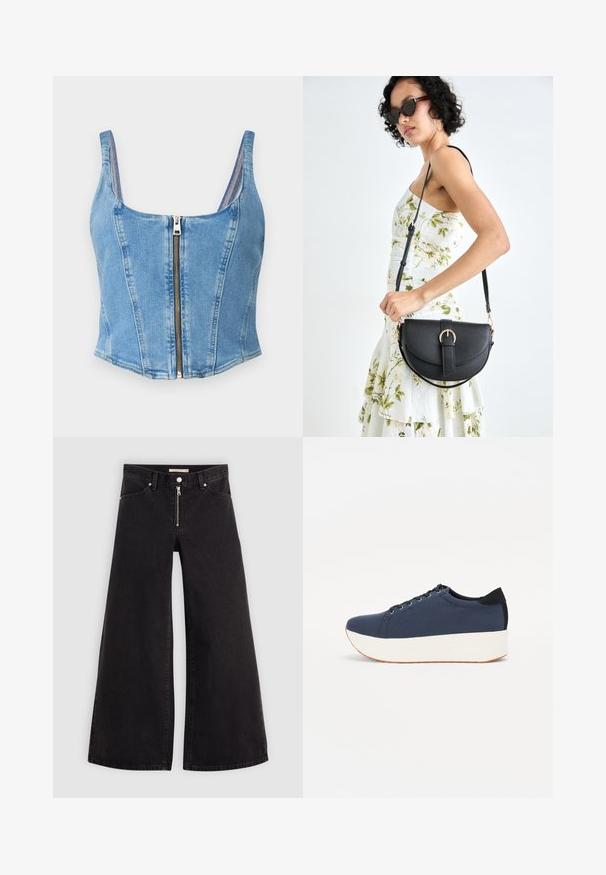Denim crop top vo svetlo modrej farbe s uterákovým výstrihom, štruktúrovanými švami a predným zipsom. Hladká textúra s priliehavým strihom.; Dlhé nohavice vo voľnom strihu z čierneho denimu so zipsom vpredu, päť vrecúškovým dizajnom a jemnými stehovými detailmi. Hladká textúra a neformálny štýl.; Námornícky modré tenisky s textúrovaným textilným zvrškom, bielou platformovou podrážkou, zaoblenou špičkou a čiernym akcentom na päte. Obsahujú šesť otvorov na šnúrky.; Čierna kožená kabelka s zaobleným tvarom, odnímateľným popruhom a zlatými doplnkami. Kabelka má klopu s detailom s prackou.