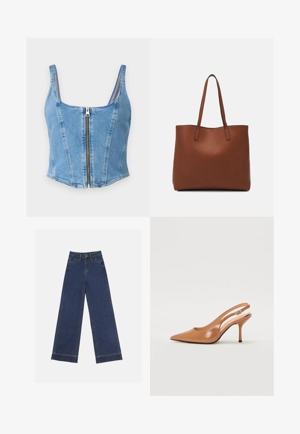 Top scurt din denim de culoare albastră deschisă, cu decolteu rotund, cusături structurate și închidere cu fermoar în față. Textură netedă și siluetă ajustată.; Jeans evazați din denim albastru închis. Au cinci buzunare, bucle pentru curea și o margine brută la baza, cu detalii de coasere vizibile.; Pantofii cu toc slingback, cu vârful ascuțit, dintr-un material tan neted și strălucitor. Prezintă un design cu decupaj curbat și un toc subțire stil stiletto. Detaliu cu cataramă argintie.; Geantă de umăr din piele maro cu o textură netedă, design cu vârf deschis și două curele pentru umăr. Prezintă cusături minime și fără componente metalice vizibile.