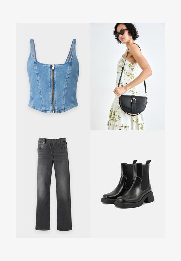 Denim crop top in light blue with a scoop neckline, structured seams, and a front zipper closure. Smooth texture with a fitted silhouette.; Dark gray denim jeans with a straight leg cut, five-pocket design, and subtle fading. Reinforced stitching and metal hardware details.; Black leather Chelsea boots with a chunky heel, elastic side panels, and contrasting white stitching. Textured finish.; Black leather handbag with a curved shape, detachable strap, and gold hardware. The bag features a flap with a buckle detail.
