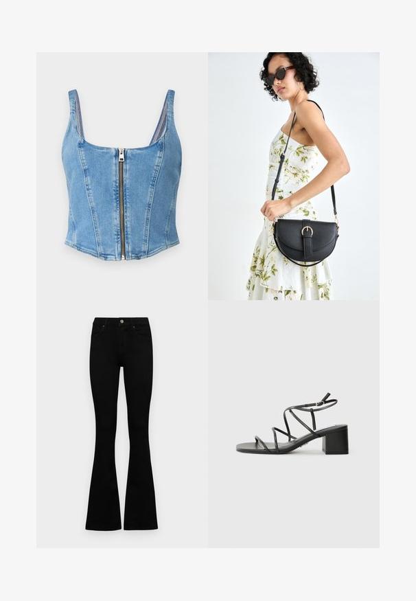 Top cropped de denim em azul claro com decote arredondado, costuras estruturadas e fecho de zíper na frente. Textura suave com silhueta ajustada.; Jeans pretos de cintura alta com fecho de botão e zíper, bolsos frontais e pernas largas dispostos em cima de um fundo branco.; Sandálias pretas com tiras, com bico quadrado e salto grosso, feitas de um material suave. Apresentam tiras ajustáveis no tornozelo e hardware minimalista.; Bolsa de couro preta com forma curva, alça destacável e detalhes em dourado. A bolsa possui uma aba com detalhe de fivela.