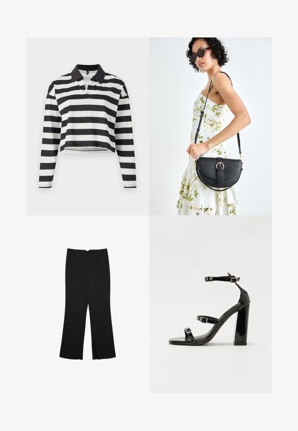 Čierno-biely pruhovaný skrátený dlhý rukáv polo tričko s čiernym golierom a čiastočným zapínaním. Mäkko bavlnené tkanivo.; Čierne nohavice so strihom rovného strihu, s prednými vreckami a bočnými rozparkami na leme. Vyrobené z mäkkej, hladkej tkaniny. Vhodné na rôzne príležitosti.; Čierne lakované sandále na podpätku so štvorcovou špičkou, navlečenými remienkami okolo členku a striebornými prackami. Disponujú masívnym blokovým podpätkom pre stabilitu.; Čierna kožená kabelka s zaobleným tvarom, odnímateľným popruhom a zlatými doplnkami. Kabelka má klopu s detailom s prackou.