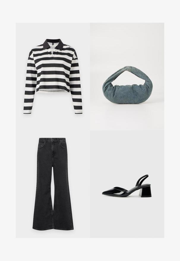 Černobíle pruhovaná zkrácená halenka s dlouhým rukávem a černým límcem, s částečným zapínáním. Jemná bavlněná tkanina.; Černé džíny s rozšířenými nohavicemi a vysokým pasem, které mají pět kapes, jemné prošití a zapínání na knoflík vpředu.; Černé lakované kožené lodičky na pásku s špičatou špičkou a geometrickým blokovým podpatkem. Vyznačují se elegantním, minimalistickým designem a hladkým povrchem.; Modrá denimová taška s polstrovaným, zaobleným tvarem a křivou rukojetí. Textura je měkká, s viditelným šitím a hladkým povrchem.