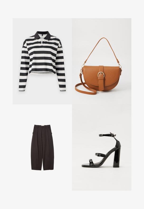 Stribet sort og hvid cropped langærmet polo skjorte med en sort krave og en delvist åbning til lukning. Blødt bomuldsstof.; Sorte brede bukser lavet af et glat stof, med høj talje, forfaldne folder og sidelommer. Simpelt design uden udsmykninger.; Sorte patenterede hælsandaler med firkantet tå, ankelremme og sølvspænder. Har en chunky blokHæl for stabilitet.; Brun læder crossbody taske med en buet form, guldfarvet hardware og en spændeaccent. Har en aftagelig skulderrem.