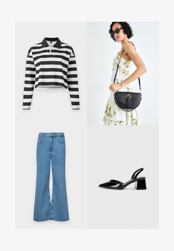 Kratka majica s dolgimi rokavi polo v črno-belem črtastem vzorcu z črnim ovratnikom in delno zapenjanjem. Mehka bombažna tkanina.; Svetlo modri razširjeni džins hlače iz denima, z visokim pasom, petimi žepi in enim gumbom za zapiranje. Mehka tekstura z blagim zbledelim videzom.; Črne lakirane slingback pete s koničastim nosom in geometrijsko blokasto peto. Imajo eleganten, minimalističen dizajn in gladko teksturo.; Črna usnjena torbica s ukrivljeno obliko, z odstranljivo naramnico in zlatimi dodatki. Torbica ima pokrov s podrobnostmi v obliki zaponke.