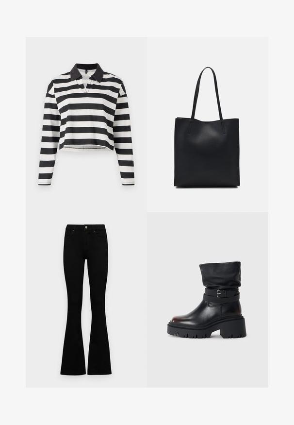 Camisa polo de manga longa cropped com riscas pretas e brancas, gola preta e uma abertura parcial para fecho. Tecido de algodão suave.; Jeans pretos de cintura alta com fecho de botão e zíper, bolsos frontais e pernas largas dispostos em cima de um fundo branco.; Bota de tornozelo em couro preto com parte superior solta, detalhe em fivela e sola grossa e resistente. Apresenta bico redondo e textura suave.; Bolsa tote preta em couro com textura lisa, forma retangular e duas alças longas. Sem hardware ou enfeites visíveis.