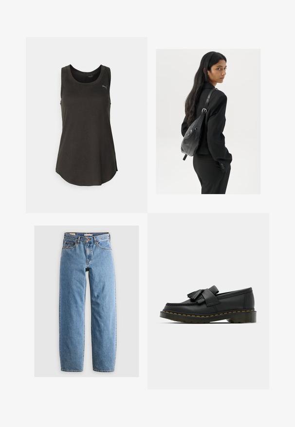 Tumehall hallituseta tank top ringikujulise kaelusega, siledast materjalist ja väikese peegeldava logoga vasakul ülal.; Heledad sinise denimi teksased, sirge lõikega, viie taskuga, lukuga ja õrnalt pleekinud tekstuuriga. Klassikaline stiil, minimaalsete detailidega.; Mustad nahast loafers ümmarguse toe ja fribulaga detailiga, millel on dekoratiivne riba ees ja mis on paigutatud paksule kannale.; Pikkade tumehaired naine mustas ülikonnas, kandes musta nahast õlakotti, vaatab üle õla valge tausta taustal.