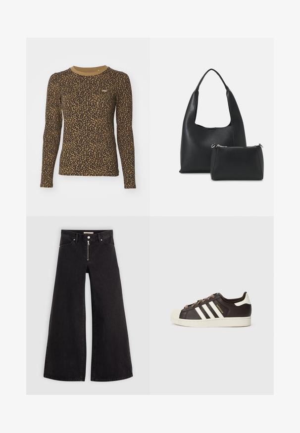 Rjava dolgorasna majica s prilagodljivim ovratnikom, okroglo izrezana, z vzorcem leoparda in rahlo elastična. Majhna nalepka z logotipom na sprednji strani.; Široke traperice iz črnega denima z zadrgo spredaj, petimi žepi in diskretnimi šivi. Gladka tekstura in ležeren slog.; Nizki adidas Superstar copat iz temno rjavega usnja s kremasto školjkasto konico, belimi črtami in napisom "Superstar" na strani.; Even&Odd Torbica - black