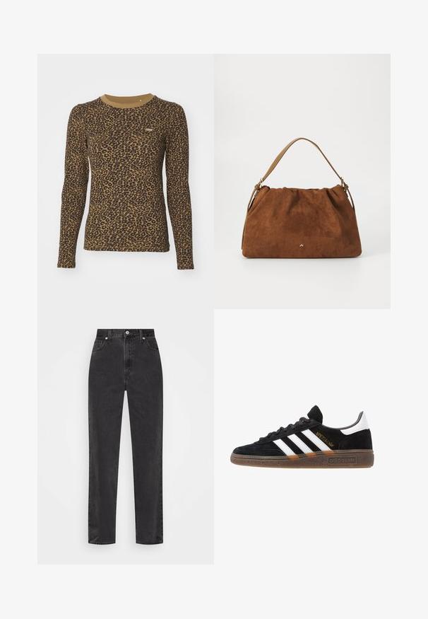 Braunes langärmeliges T-Shirt mit Leopardenmuster, Rundhalsausschnitt und leichtem Stretch. Kleines Logo-Label auf der Vorderseite.; Schwarze Denim-Jeans mit geradem Bein, hoher Taille, vorderem Knopf und Reißverschluss sowie fünf Taschen auf weißem Hintergrund.; Schwarzer Adidas Sneaker mit weißen Streifen, goldenem "Spezial"-Text, Gummisohle und weißem Fersenbereich, seitliche Ansicht.; Braune Wildlederhandtasche mit einem gerafften Design, ausgestattet mit einem einzelnen hellbraunen Ledertragegurt und einem subtilen goldenen Logo-Detail auf der Vorderseite.