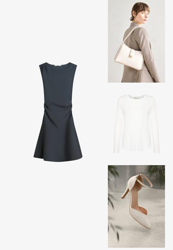 Bela dolgimi rokavi s krožnim izrezom. Narejena iz gladkega materiala s prileganjem. Oznaka vidna na vratu. Brez vzorcev ali poudarkov.; Temno siva brezrokavna obleka z okroglim izrezom, prilegajočim zgornjim delom in širokim krilom, ki vsebuje subtilno nabiranje na strani za teksturo.; Bele visoke petne čevlje iz gladkega materiala s koničastim nosom in gležnjenim trakom. Imajo svetlo tan notranjost in zlat ton dodatkov.; Bela usnjena torba s strukturirano zasnovo, opremljena z magnetnim zapiranjem in naramnico, prikazana na nevtralni ozadju.