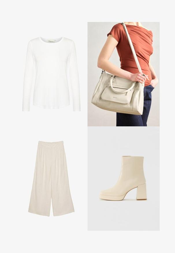 Maglietta bianca a maniche lunghe con scollo rotondo. Realizzata in tessuto liscio con una forma aderente. Etichetta visibile al collo. Nessun motivo o dettaglio.; Pantaloni larghi in lino di colore beige chiaro con un design plissettato e una vita elasticizzata per comfort e facilità d'uso.; Stivaletti beige in pelle con tacco a blocco e suola platform, finitura liscia e punta leggermente quadrata, rivolti a sinistra su sfondo bianco.; Borsa a tracolla bianca in pelle con doppi manici e tracolla staccabile, dotata di una tasca con zip frontale e texture liscia. Portata al braccio di una persona.