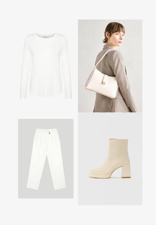 Weißes langärmliges Oberteil mit Rundhalsausschnitt. Aus glattem Stoff und figurbetontem Schnitt gefertigt. Etikett am Hals sichtbar. Keine Muster oder Akzente.; Weiße, weit geschnittene Hosen aus glattem Material. Mit einem einzigen gelben Knopfverschluss und einem gefalteten Frontdesign. Keine sichtbaren Taschen.; Beige Leder-Stiefelette mit Blockabsatz und Plateau-Sohle, glatte Oberfläche und leicht quadratische Zehenpartie, nach links auf weißem Hintergrund.; Weiße Lederhandtasche mit strukturiertem Design, ausgestattet mit einem Magnetverschluss und einem Schulterriemen, präsentiert vor einem neutralen Hintergrund.