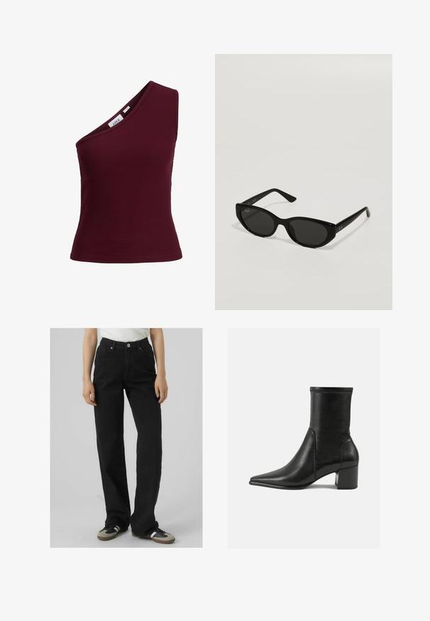 Burgundy ribbed tank top with one shoulder design, stretchable fabric, and a fitted silhouette. Tag visible inside neck area.; Black high-waisted jeans with a straight-leg fit, made from denim, featuring two front pockets and brass hardware accents.; Black ankle boot made of smooth leather, featuring a pointed toe, a block heel, and distinct raised stitching at the top edge.; Black sunglasses with a narrow, cat-eye shape. Made of smooth plastic, featuring dark lenses and subtle logo accents on the temples.