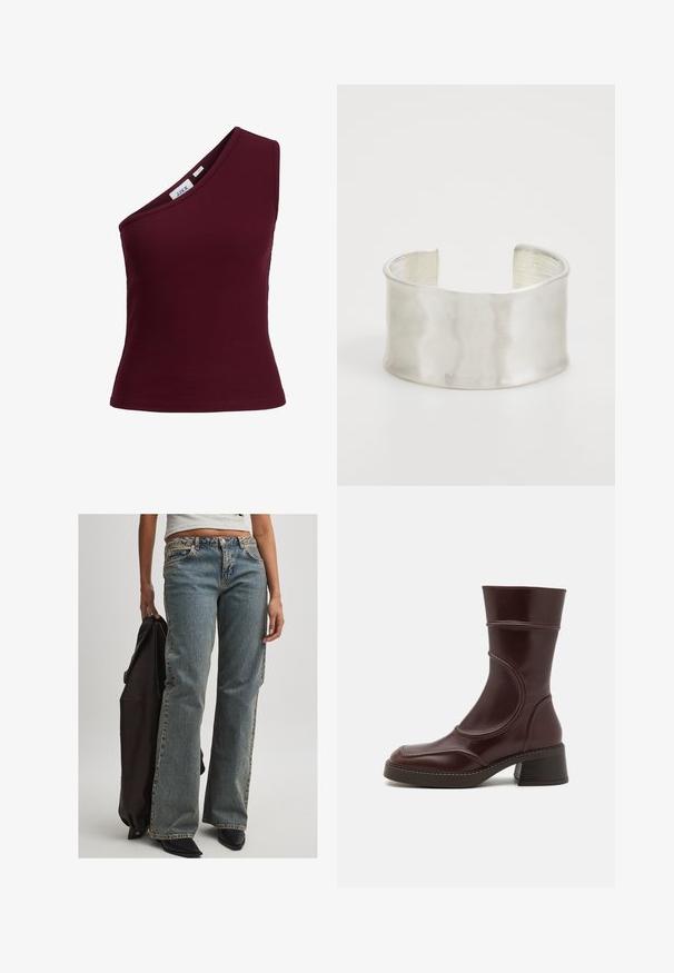 Burgunderfarvet ribbet tanktop med designen med én skulder, strækbart stof og en tætsiddende silhuet. Etiketten er synlig indeni halsområdet.; Lysblå denimjeans med en afslappet pasform, der har en mellem-høj talje, synlige syninger og et klassisk fem-lomme design. Sorte sko og en mørk jakke er også til stede.; MIISTA MALENE - Støvletter - brown; Zign Armbånd - silver-coloured