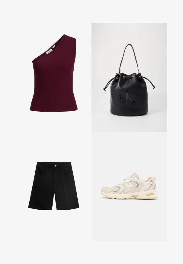 Burgundska rebrasta majica bez rukava z dizajnom jednog ramena, rastezljiv materijal i prilagodljiv kroj. Oznaka vidljiva unutar područja vrata.; Črne jeans kratke hlače z ravnim krojem, petimi žepi in srebrnim gumbom za zapiranje. Gladka tekstura z minimalnimi detajli šivanja.; Bež športni čevlji z mrežasto in sintetično oblogo, ki imajo teksturirano površino, podložen ovratnik in 'ABZORB' blaženje v peti.; Črna usnjena torba v obliki zaboja z vrvico za zapiranje, ki ima na sprednji strani sijajni logo "CK" in zlate kovinske dodatke.