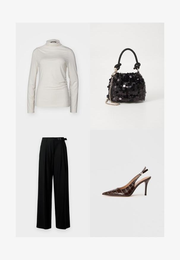 White turtleneck shirt, long sleeves, fitted design, made of soft, smooth fabric with slight stretch; minimal seams and no visible logos.; Black wide-leg trousers with a high waist, pleats at the front, and a belt featuring a buckle. Made from smooth, lightweight fabric.; Brown, crocodile-embossed leather slingback pump with pointed toe, open sides, and a thin high heel. Designed with a buckle adjustment.; Black sequin mini handbag with a knotted textured strap and silver chain. Rounded shape with gathered top and reflective detailing.