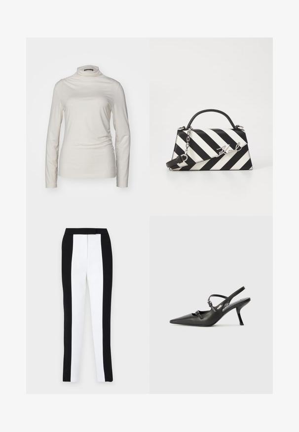 Hvid turtleneck skjorte, lange ærmer, tætsiddende design, lavet af blødt, glat stof med let stræk; minimale sømme og ingen synlige logoer.;  Sorte og hvide tapered bukser med en slim fit og kontrasterende paneler. Stoffet har en glat tekstur; taljebåndet er fladt og tætsiddende.; Sorte læder slingback hæle med spids tå, slank hæl og dekorativ spænde detalje på vampen. Glat tekstur og strømlinet design.; Sort-hvid stribet håndtaske med en struktureret form, der har et håndtag på toppen, en aftagelig kædestrop og et metallisk logo som accent.