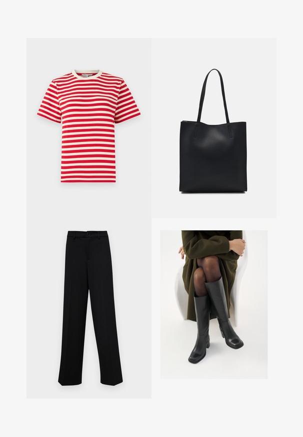Red and white striped t-shirt with a crew neckline and short sleeves. Made of cotton, it features even-width horizontal stripes.; Black wide-leg trousers made of smooth fabric, featuring a classic waistband with a button closure and front pleats.; Knee-high black leather boots with a squared toe and block heel, shown with a model seated in an olive green coat. Smooth texture, minimal detailing.; Black leather tote bag with smooth texture, rectangular shape, and two long handles. No visible hardware or embellishments.
