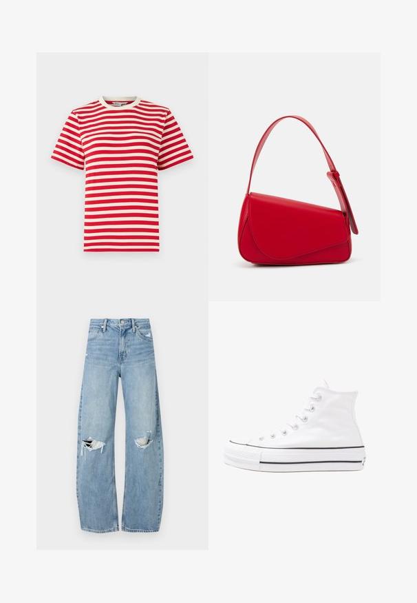 T-shirt a righe rosse e bianche con scollatura a girocollo e maniche corte. Realizzato in cotone, presenta righe orizzontali di larghezza uniforme.; Jeans azzurri chiari a vita alta realizzati in denim. Presentano gambe larghe, due aree strappate sulle ginocchia e il classico styling a cinque tasche.; Sneaker alta in tela bianca con suola in gomma nera, punta in gomma frontale e sei asole per i lacci, caratterizzata da un design pulito e minimalista.; Borsa a tracolla in pelle rossa con un design angolare e geometrico. Presenta una singola tracolla regolabile e una chiusura a patta con dettagli cuciti.