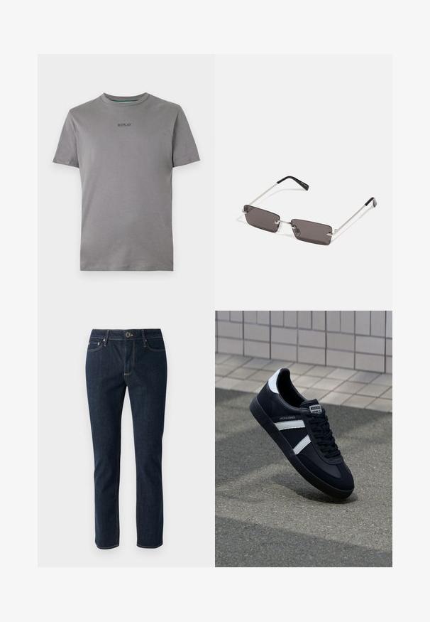 Jasnoszara koszulka T-shirt wykonana z bawełny, posiadająca krótki rękaw i okrągły dekolt. Na piersi wyszyto czarnym kolorem napis "REPLAY".; Granatowe dżinsy z prostymi nogawkami, z zapięciem na guzik, pięcioma kieszeniami i kontrastowymi szwami. Gładka faktura.; Czarne skórzane sneakersy z białymi paskami, teksturowana gumowa podeszwa i sznurowane z przodu. Posiadają metkę marki na języku.; Okulary przeciwsłoneczne z prostokątnymi, ciemnoszarymi soczewkami, srebrnymi metalowymi ramkami i czarnymi plastikowymi zakończeniami na zausznikach. Lekka konstrukcja z poduszkami nosowymi.