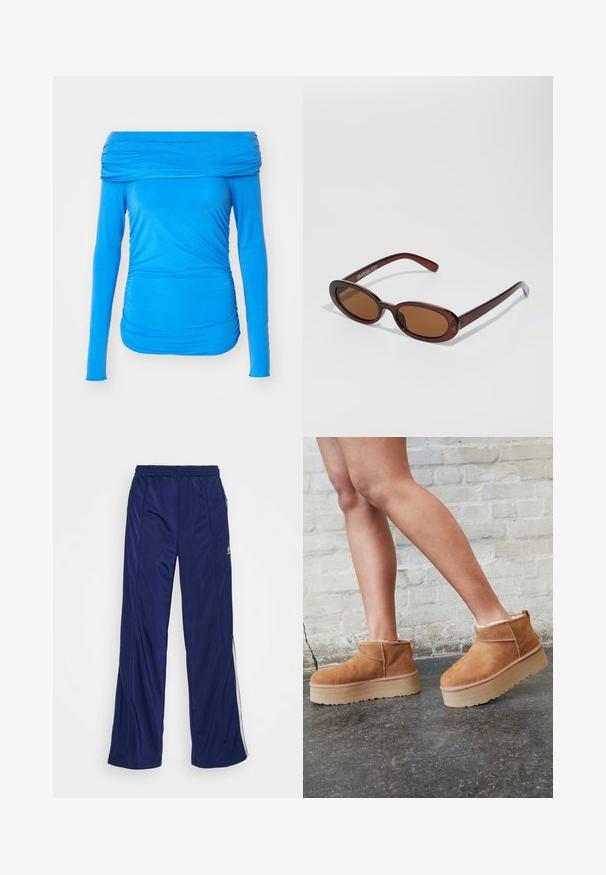 Top lungo blu fuori spalla con maniche lunghe realizzato in tessuto elasticizzato, caratterizzato da dettagli arricciati sui lati per un look aderente.; Pantaloni sportivi navy con vita elasticizzata, gambe diritte e cerniere laterali. Presentano piping bianco lungo i lati. Tessuto dalla consistenza liscia.; Stivali alla caviglia in suede marrone con una fodera morbida, suola platform spessa beige e un'asola posteriore. Superficie testurizzata con dettagli di cucitura ben visibili.; Occhiali da sole rotondi con tonalità marrone, montatura lucida color bordeaux. Aste sottili con un sottile dettaglio del marchio. Design delle lenti piatte.