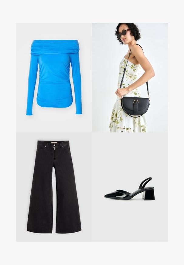 Sinine õlavarrelt paljastav pika varrukaga topp, mis on valmistatud venivast kangast ja mille külgedel on kogumisdetailid, et saavutada lähedane sobivus.; Laiad teksad mustast denimist, millel on lukuga eesmine osa, viie taskuga disain ja peened õmblusdetailid. Sile tekstuur ja juhuslik stiil.; Mustad musta lakknahk kingad, millel on terav varvas ja geomeetriline plokkkonts. Omab elegantselt minimalistlikku disaini ja sujuvat tekstuuri.; Mustmust mustraha kõverate joontega, eemaldatava rihmaga ja kuldsete detailidega. Kotil on klapp, millel on pandladetail.