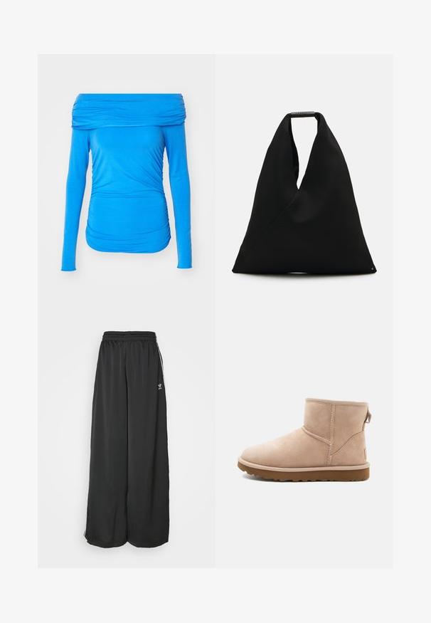 Blaue schulterfreie Langarmbluse aus dehnbarem Stoff mit gesammelten Details an den Seiten für eine figurbetonte Passform.; Schwarze, locker sitzende Jogginghosen aus glattem Material. Mit elastischem Bund und seitlichen Streifen mit Logo-Akzenten.; Beige Wildleder-Ankle Boot mit runder Zehenform, gesteppten Akzenten und einer strukturierten braunen Gummisohle. Mit einem Zugband an der Rückseite.; Schwarze Stofftragetasche mit einem einzigartigen V-förmigen Design und glatter Textur. Verfügt über einen kurzen Griff mit minimalistischem Hardware-Detail.