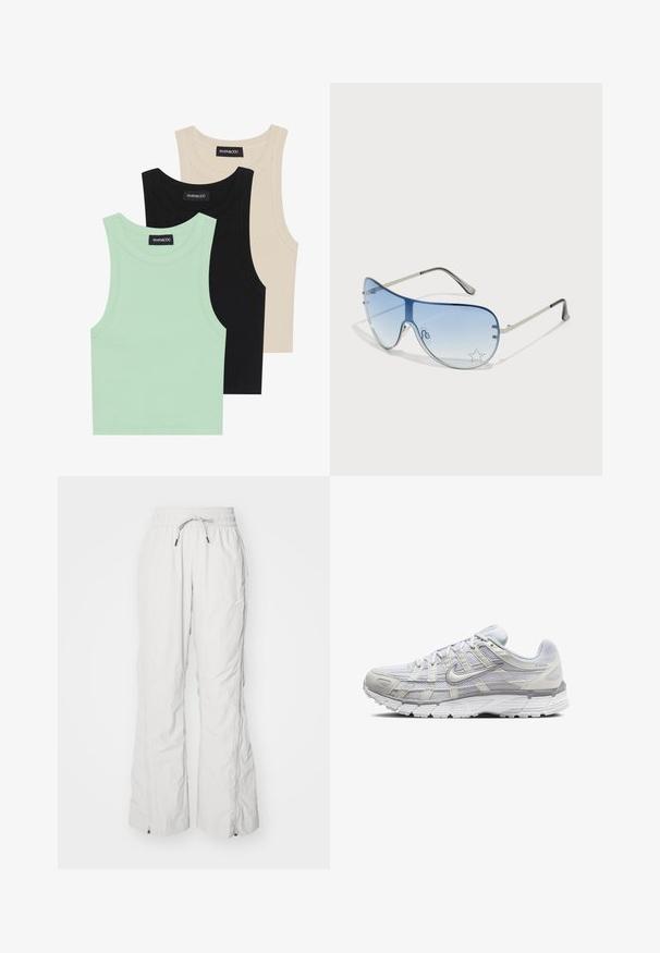 Három ujjatlan top menta zöld, fekete és bézs színben; bordázott anyagból készült, kerek nyakkivágással. A márkajelzés látható.; Világosszürke munkásnadrág, texturált szövetből készült, rugalmas derékkal és húzózsinórral, oldalsó zsebekkel és cipzárokkal a bokán.; Világosszürke sportcipők, hálós és szintetikus felső résszel, fűzős zárással, párnázott bokával és texturált talppal a tapadás érdekében.; Pilóta napszemüveg, melynek áttetsző kék lencséje, ezüst fém kerete és díszes csillag díszítések találhatók a lencsén. Simogató és elegáns dizájn.