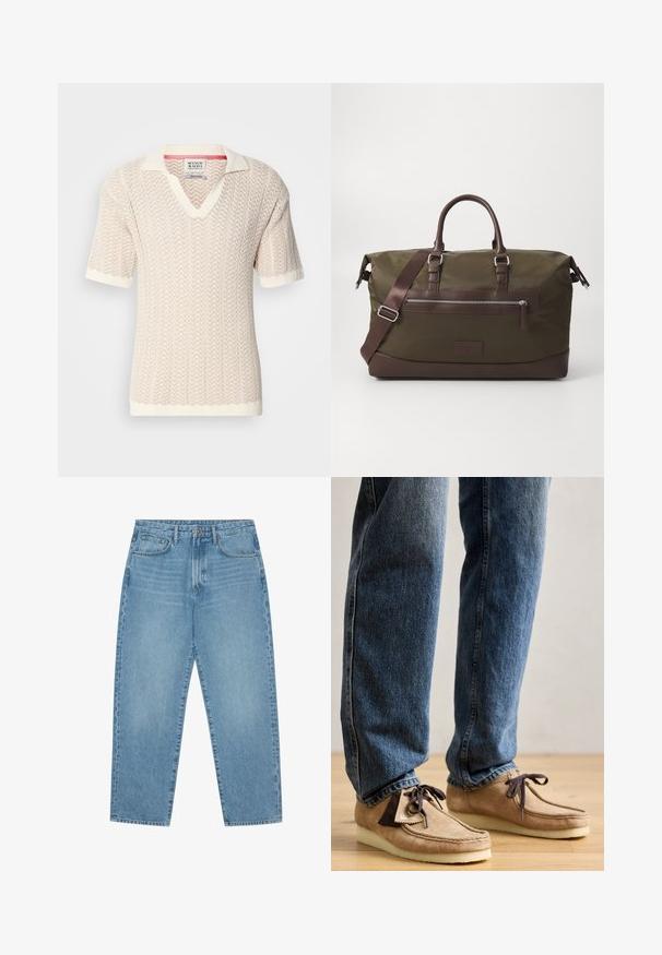 Pull en tricot beige à manches courtes avec un motif zigzag texturé et un col en V. Il présente un col et des poignets de couleur crème contrastants.; Jean en denim bleu clair avec une coupe droite, design cinq poches et une texture légèrement délavée. Dispose d'une fermeture à bouton et à glissière.; Mocassins en daim de couleur beige avec des accents marron foncé, à bout arrondi et semelle blanche moelleuse. Ils présentent un design à lacets et des détails cousus.; Sac de sport en toile vert olive avec des accents en cuir brun, équipé de deux poignées, d'une bandoulière amovible et d'une poche zippée à l'avant.