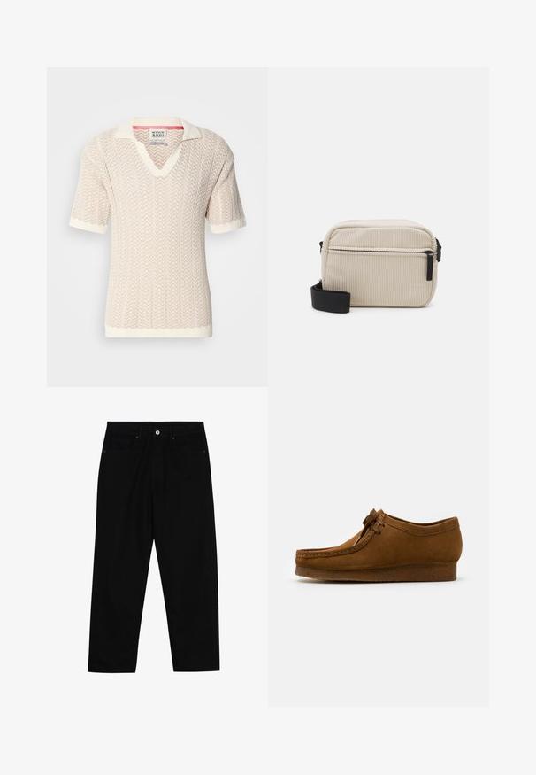 Pull en tricot beige à manches courtes avec un motif zigzag texturé et un col en V. Il présente un col et des poignets de couleur crème contrastants.; Pantalons en denim noir avec une coupe droite, un design à cinq poches et une fermeture à bouton à l'avant. Texture lisse avec des détails de couture minimaux.; Chaussure en daim marron avec un bout rond et un petit talon, dotée de coutures détaillées le long des coutures et d'un système de laçage à l'avant. Texture douce avec une conception épurée.; Sac à bandoulière en velours côtelé crème avec une fermeture éclair noire, une sangle amovible et un motif texturé. Il dispose d'un compartiment principal et d'une poche avant.