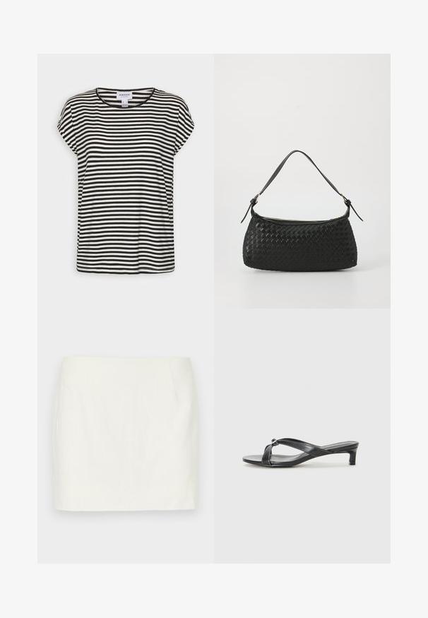 Crno-bijela prugasta majica s kratkim rukavima, s okruglim izrezom, ležernog kroja i mekanom teksturom pamučnog materijala.; Bijela lanena mini suknja ravnog kroja, sa bočnim džepovima i glatkom teksturom. Nema vidljivih uzoraka ili akcenata.; Crne sandale na petu s dizajnom križnog remena od glatkog sintetičkog materijala. Imaju nisku blok petu i dekorativni detalj na spoju remena.; Crna torba preko ramena od tkanine s glatkim kožnim remenom i zatvaranjem na patentni zatvarač. Ima teksturiranu površinu i zakrivljen oblik.