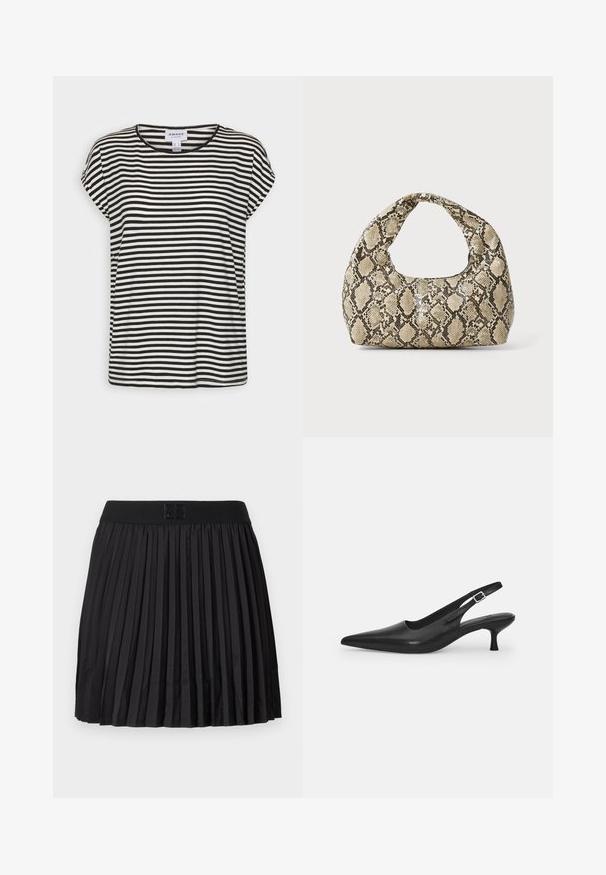 T-shirt a maniche corte a righe bianche e nere, con scollatura rotonda, vestibilità rilassata e texture in morbido cotone.; Gonna nera plissettata con una texture liscia, dotata di una vita nera unita e un dettaglio del logo impresso sul davanti.; Scarpa slingback nera in pelle con punta affusolata e tacco sottile e curvato. Presenta una discreta fascia regolabile con una fibbia in metallo.; Borsa a stampa rettile con manico curvo. Realizzata in materiali testurizzati beige e marroni, presenta un distintivo motivo a rombi.