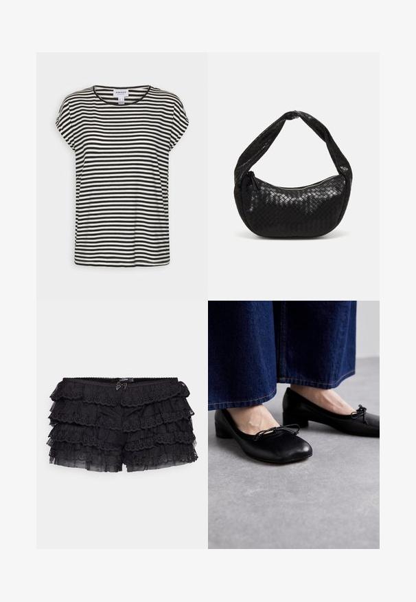 Tricou cu mânecă scurtă și dungi alb-negru, cu decolteu rotund, croială lejeră și textură moale din bumbac.; Jaded London BLOOMER SHORTS - Pantaloni scurți - black; Pantofi din piele neagră cu vârf pătrat și toc mic, având o fundiță decorativă în față. Purtați cu pantaloni din denim închis la culoare.; Geantă din piele împletită neagră, cu o formă curbată, având un mâner gros și închidere cu fermoar. Suprafață texturată cu un finisaj lucios.