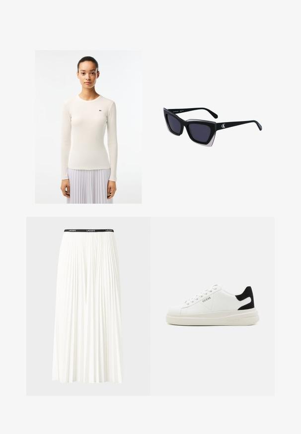 Valge pika varrukaga topp ribakudumise tekstuuriga ja ümmarguse kaelusega, millel on väike roheline logo vasakul küljel. Sujuv kangaste finis.; Kurtitudega valge seelik musta elastse vööga, millel on "LACOSTE" logo. Keskmise pikkusega disain pehme tekstuuriga.; Valged nahast tennisetossud paksu valge tallaga, musta sametist kontsakeeuga ja külje peal riigilogo reljeefne kujundus. Lukkeskeem kuue silmaauguga.; Mustad suured mustad prillid geomeetrilise kujuga, tumedate läätsedega ja kontrastse halli detailiga raamidel. Logo käe peal.