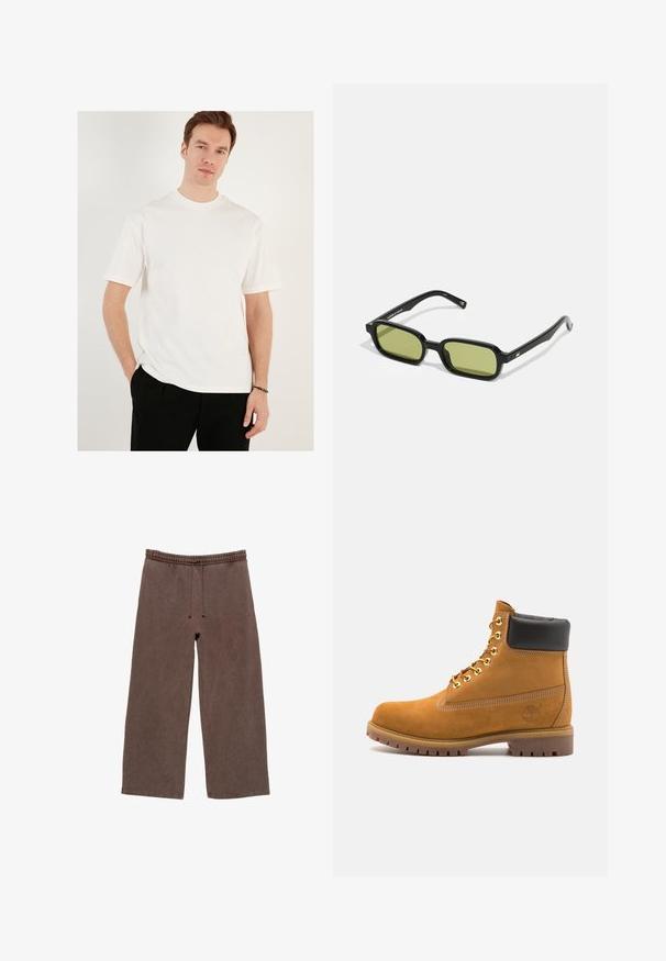 Hvid kortærmet T-shirt lavet af bomuld, med rund halsudskæring og afslappet pasform. Bæres med sorte bukser i ensfarvet tekstur, uden mønstre.; Brune bomulds-sweatpants med elastisk talje, justerbar snøre, brede ben og minimal syning detaljer.; Tan nubuck ankelstøvle med sort polstret krave, gyldne metaløjer, hvid syning detaljer og robust gummisål med udtalte slidbaner.; Sorte solbriller med et vinklet design, grønne tonede linser og glatte plastikrammer. Har guld detaljer på stængerne.