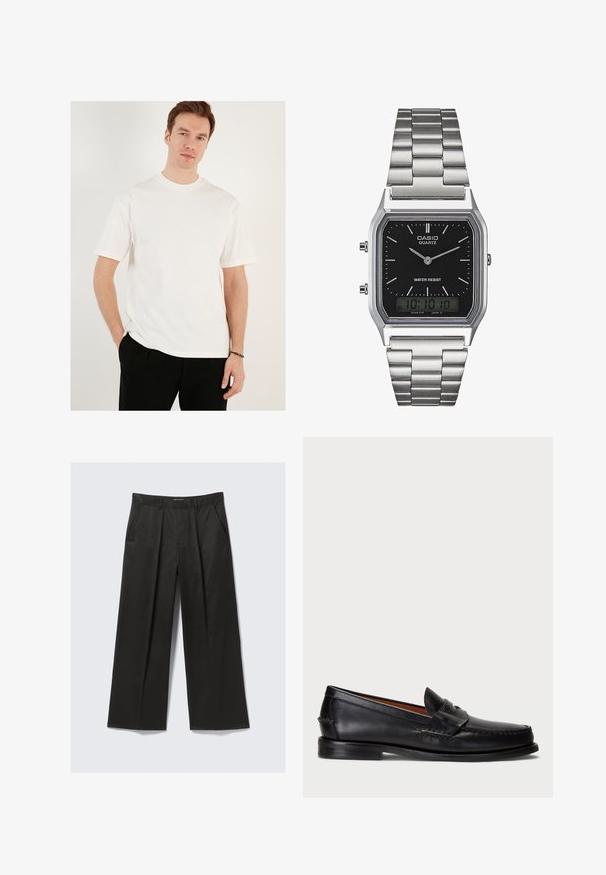 Balta trumpo rankovės marškinėliai iš medvilnės, su apvalia iškirpte ir laisvu siluetu. Dėvimi su juodais kelniais, lygaus audinio, be raštų.; Juodos plačios kelnės su minkštu paviršiumi, turinčios dvi priekinės kišenes ir šiek tiek pakeltą juosmens liniją.; Juodos odinės loafers tipo batai su apvaliu pirštu, siuvinėta detalė ir dekoratyvine juostele per priekį. Plokščias padas su minimalia profiliu.; Sidabrinis nerūdijančio plieno kvarcinis laikrodis su juodu stačiakampiu ciferblatu, turintis analoginius rodykles, skaitmeninį ekraną ir vandeniui atsparumo etiketes.