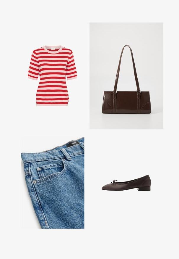Red and light pink horizontal striped short-sleeve knit top with round neckline and fitted silhouette.; Denim jeans in medium blue with a faded texture. Features include five pockets, copper rivets, and stitched detailing along the seams.; Brown leather ballet flat with a rounded toe and small block heel. Features a thin bow at the front and subtle stitching details.; Brown patent leather handbag with a rectangular shape, two long handles, and subtle curved accents on the front.; Gold-tone metal ring featuring two oval stones: a smoky gray and a pale pink, each encased in a simple bezel setting.