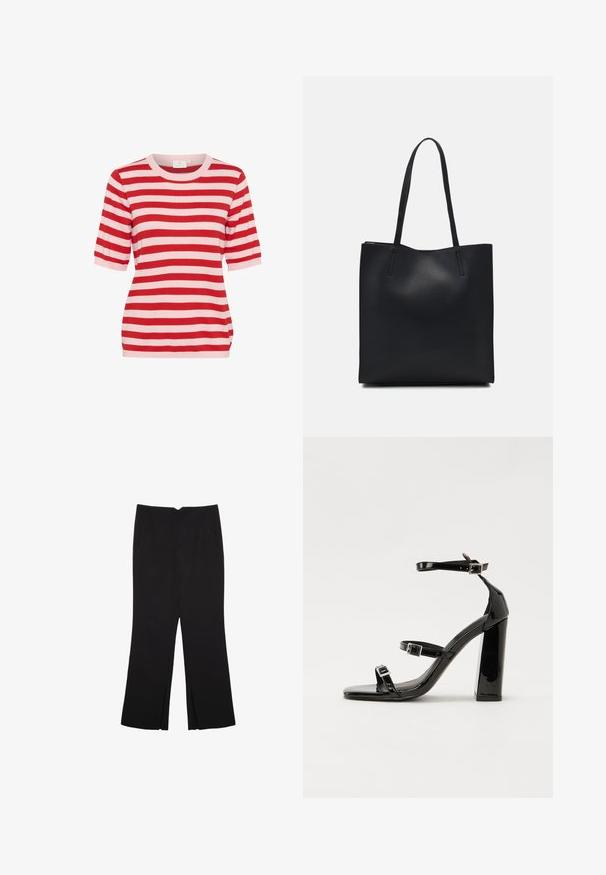Rød og lys pink horisontalt stribet kortærmet striktop med rund halsudskæring og tætsiddende silhuet.; Sorte bukser med lige pasform, der har frontlommer og slidser i kanten. Lavet af blødt, glat stof. Velegnet til forskellige anledninger.; Sorte patenterede hælsandaler med firkantet tå, ankelremme og sølvspænder. Har en chunky blokHæl for stabilitet.; Sort læder tote taske med glat tekstur, rektangulær form og to lange hanke. Ingen synlig hardware eller udsmykninger.