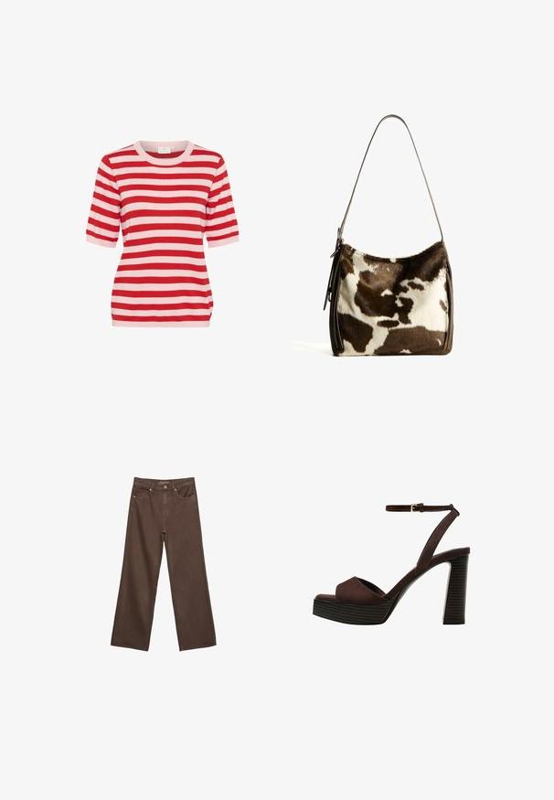 Maglietta a maniche corte a righe orizzontali rossa e rosa chiaro, con scollatura rotonda e silhouette aderente.; Jeans a gamba larga marroni in denim, con vita alta, tasche anteriori e chiusura a bottone classica. Tessuto liscio con cuciture sottili.; Sandal in camoscio marrone con tacco alto, punta aperta, cinturino alla caviglia regolabile e suola a piattaforma striata.; Borsa a spalla in pelle bovina marrone e crema con tracolla in pelle liscia, chiusura con zip e superficie morbida e testurizzata con un motivo naturale.