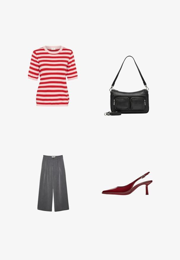 Red and light pink horizontal striped short-sleeve knit top with round neckline and fitted silhouette.; Pleated wide-leg trousers in a dark gray fabric with a subtle texture. Features a button closure and a classic waistband design.; Bershka Classic heels - dark red; Black leather handbag with two front zip pockets, a single shoulder strap, and silver hardware. Smooth texture and sleek design.