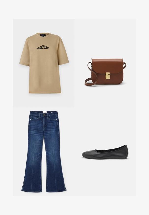 Camiseta de algodón beige con mangas cortas, que presenta un logo gráfico negro en el frente. Diseño clásico de cuello redondo y corte relajado.; Vaqueros acampanados de color azul oscuro, hechos de mezclilla. Presentan una cintura alta, bolsillos frontales y detalles de abertura en el dobladillo. Diseño clásico de cinco bolsillos.; Bailarina de piel negra con punta redondeada, textura suave, detalle de costura minimalista y diseño de suela flexible.; Bolso de mano de cuero marrón con cierre de solapa, herrajes en tono dorado, correa para el hombro y una textura suave. Forma rectangular compacta.