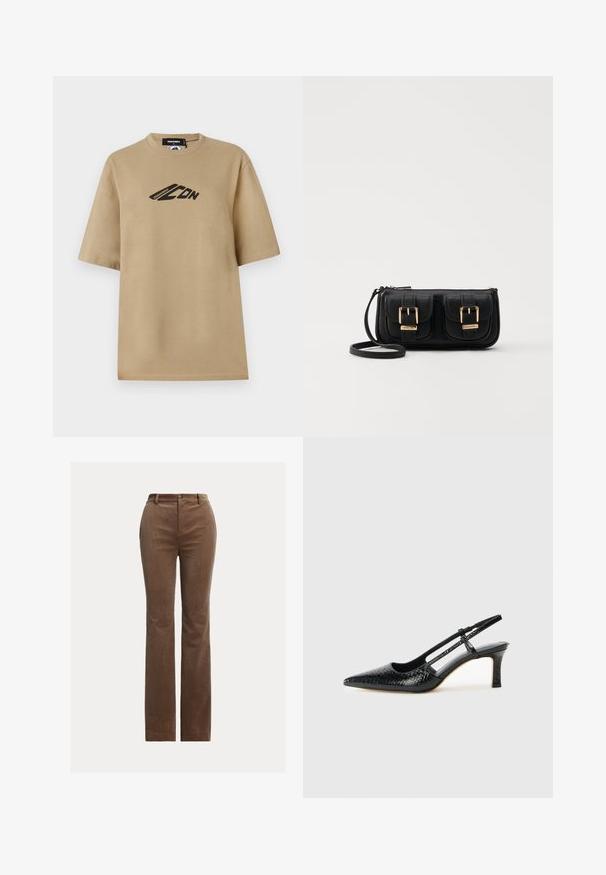 Beige cotton T-shirt with short sleeves, featuring a black graphic logo on the front. Classic crew neck design and relaxed fit.; Brown corduroy trousers with a straight-leg design, featuring belt loops, front pockets, and subtle vertical ribbing for texture.; Black patent slingback heel with a pointed toe, featuring textured snake print, adjustable strap, and a short, textured block heel.; Black leather crossbody bag with two front pockets, gold buckles, zipper closure, and a slim strap. Textured surface and compact rectangular shape.