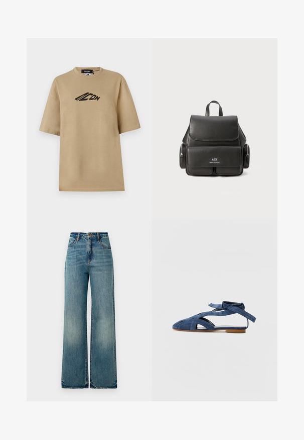 Beige bomulds T-shirt med korte ærmer, med et sort grafisk logo på fronten. Klassisk crew neck-design og afslappet pasform.; Lysblå denim vidbenede jeans har en høj talje, fem lommer og let rippede kanter, der viser en tekstureret, falmet finish.; Emporio Armani Sandaler - blue; Sort læderrygsæk med flaplukning, for-lynlomme, sidelommer med lynlås og et topgreb. Har logodetaljer foran.